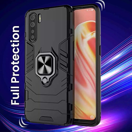 Oppo F15/F17/F17 Pro Black Panther Metal Bracket Shockproof Protective Back Case
