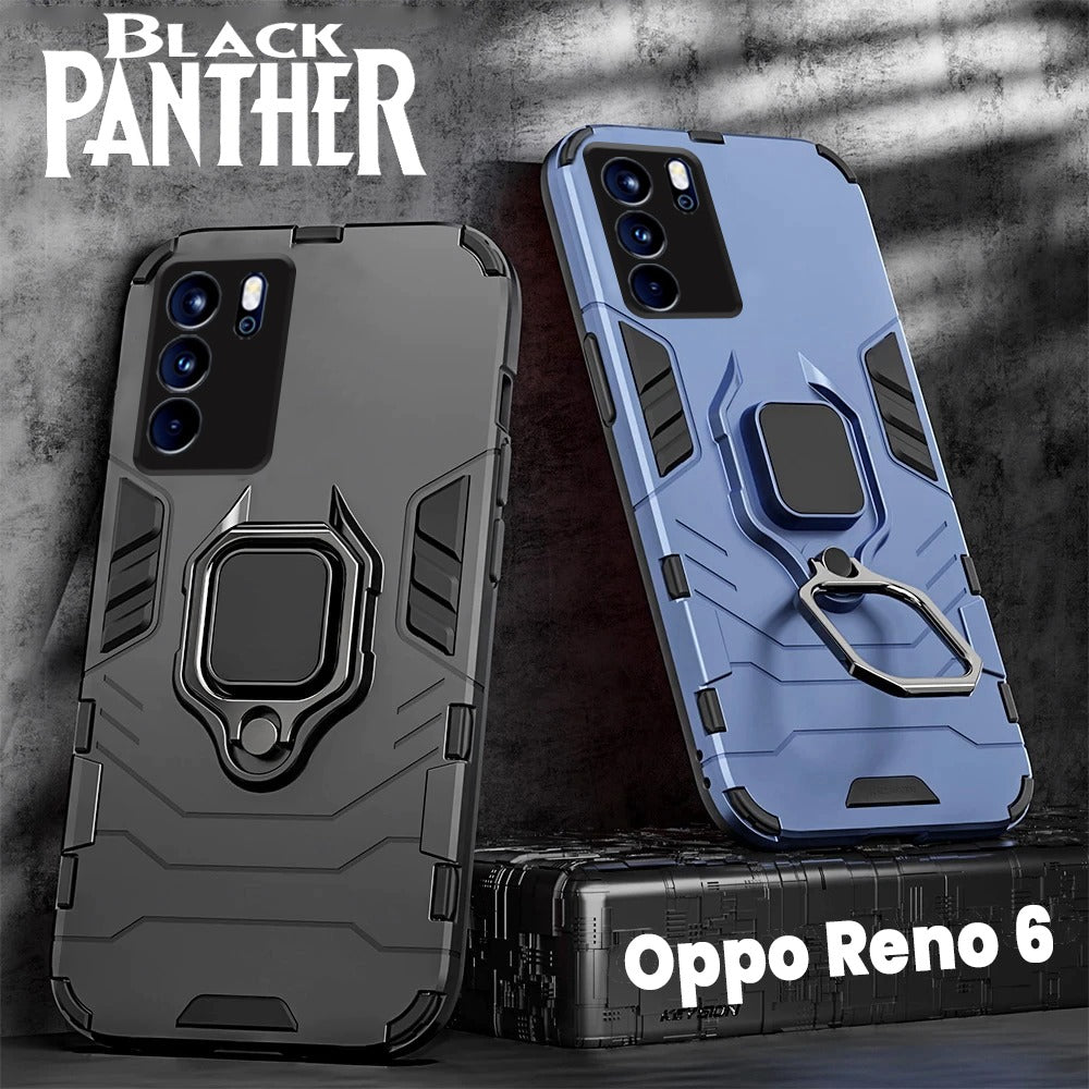 Oppo Reno 6 5G Black Panther Metal Bracket Shockproof Protective Back Case